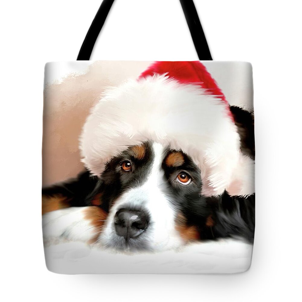 Longhaired Dog Tote Bag featuring the mixed media Santa Dog by Mary Timman