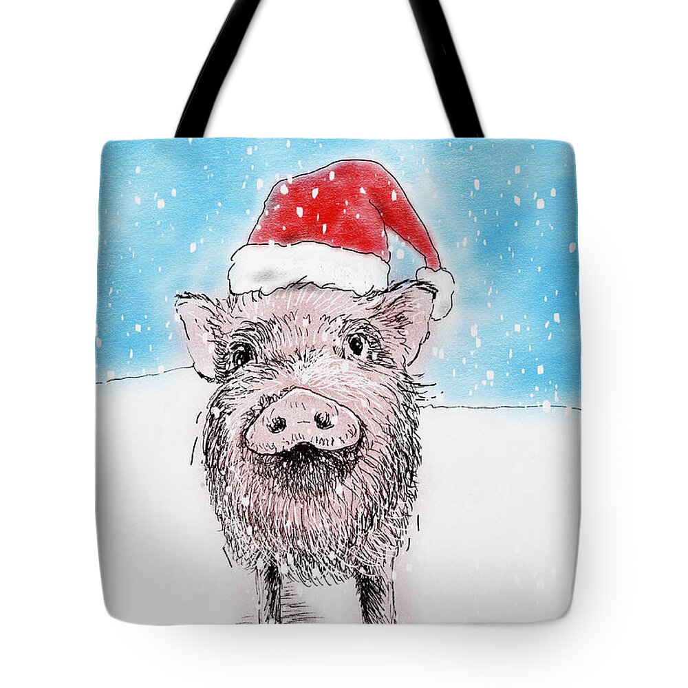Happy Holidays Tote Bag featuring the mixed media Santa Piggy by AnneMarie Welsh