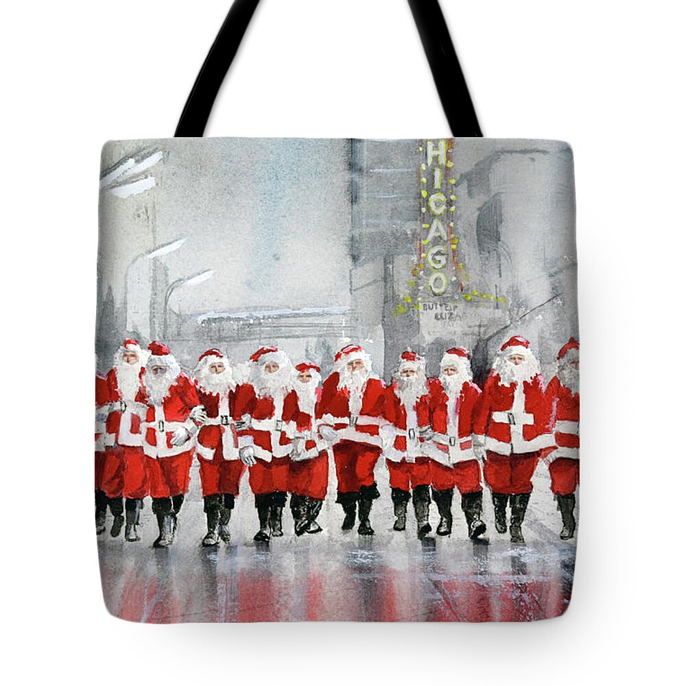 Chicago Tote Bag featuring the painting Santas On Parade - Chicago State Street by Glenn Galen