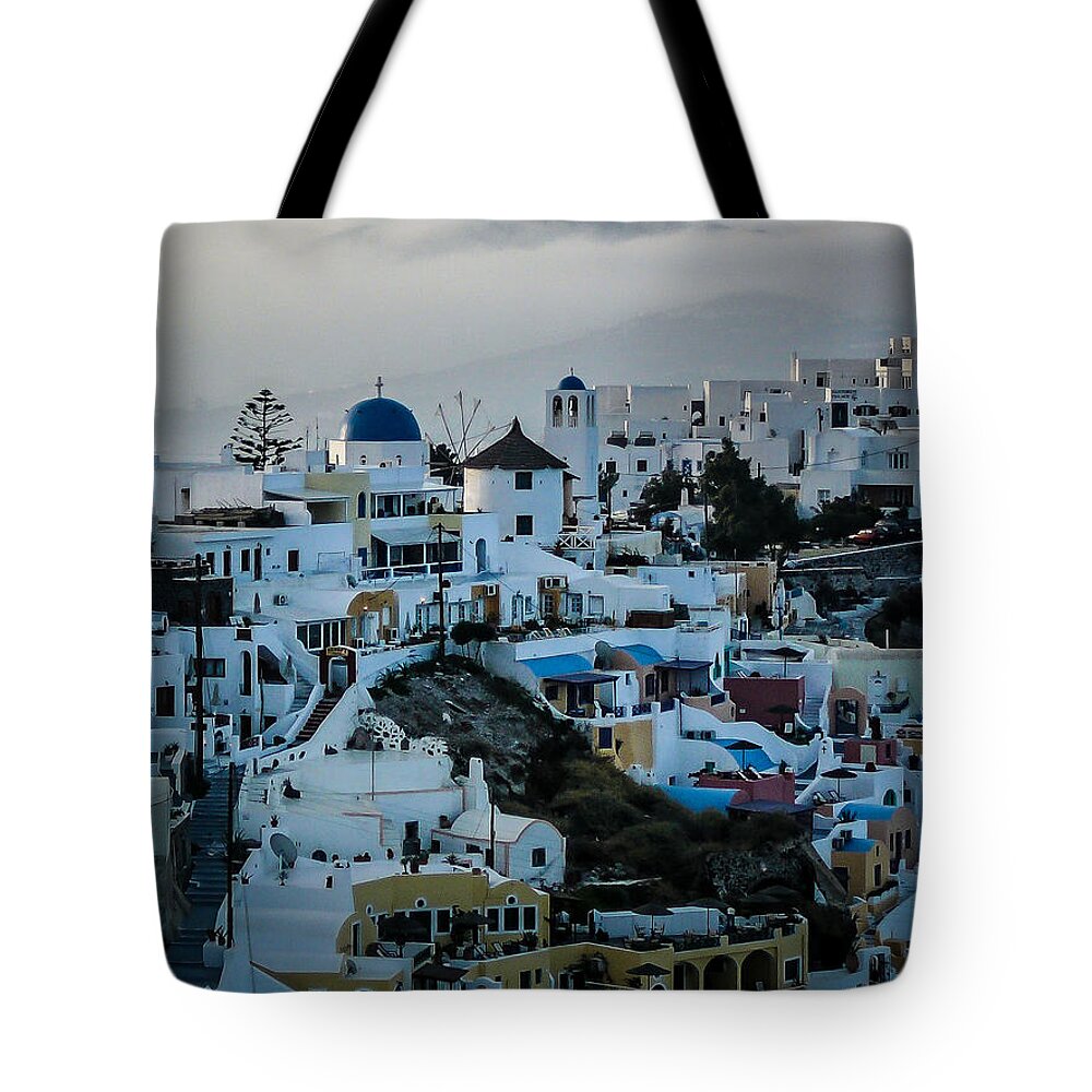 Greece Tote Bag featuring the photograph Santorini Misty Morn by Pamela Newcomb