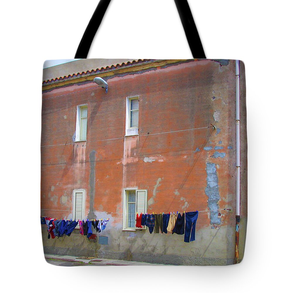 Red Building Tote Bag featuring the photograph Sardinian Laundry by Jessica Levant