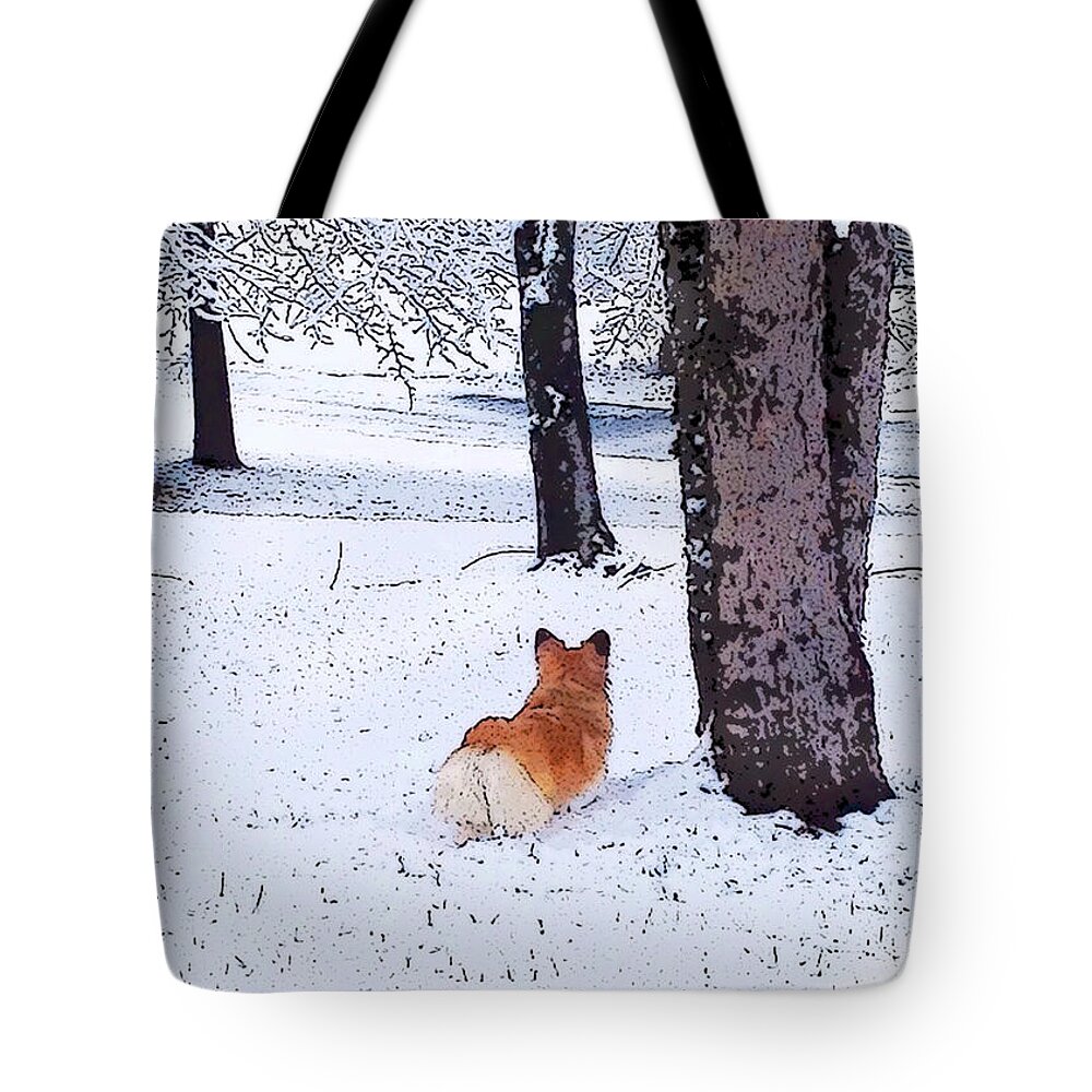 Pembroke Welsh Corgi Tote Bag featuring the digital art Sasha in the Snow by Kathy Kelly