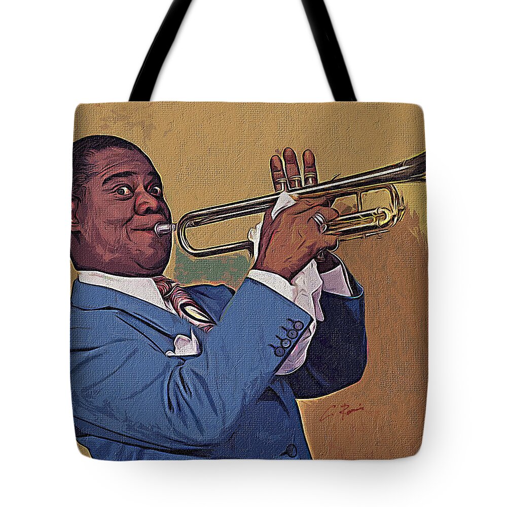 Louis Tote Bag featuring the digital art Satchmo by Charlie Roman