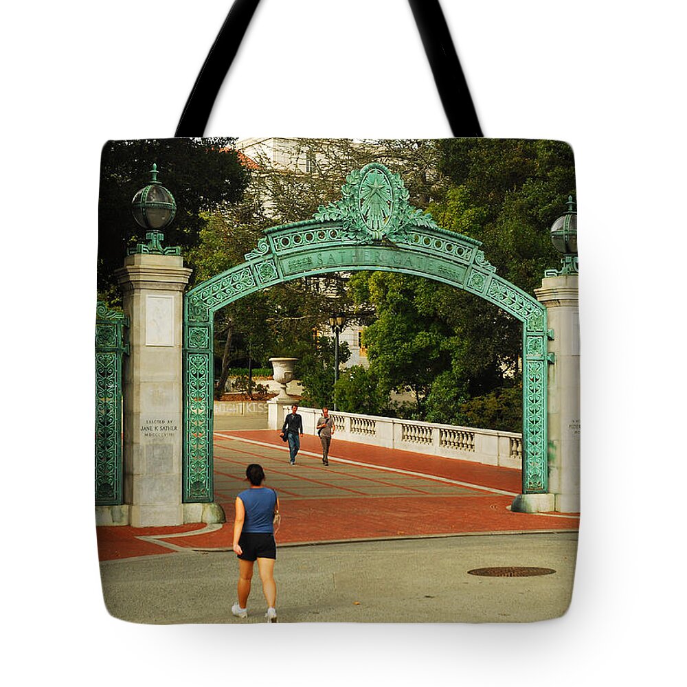 Berkeley Tote Bag featuring the photograph Sather Gate Berkeley by James Kirkikis