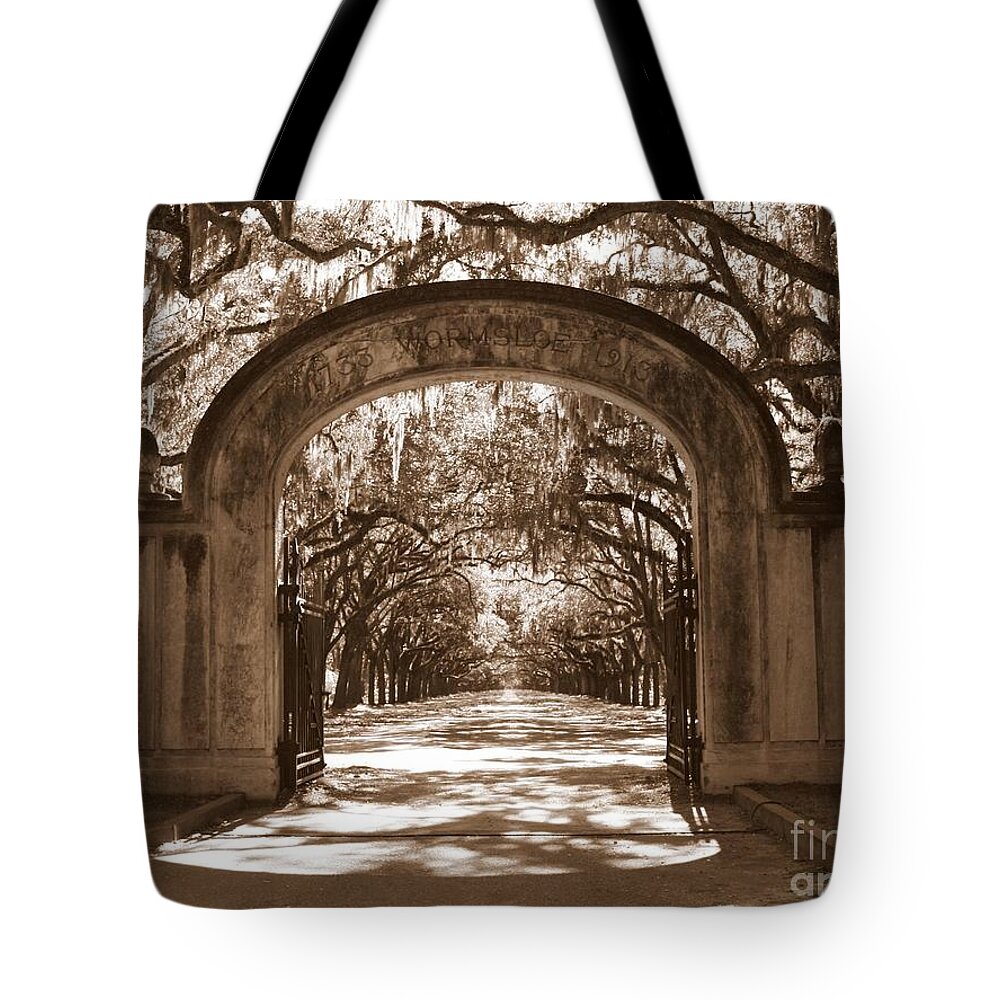 Savannah Tote Bag featuring the photograph Savannaha Sepia - Wormsloe Plantation Gate by Carol Groenen