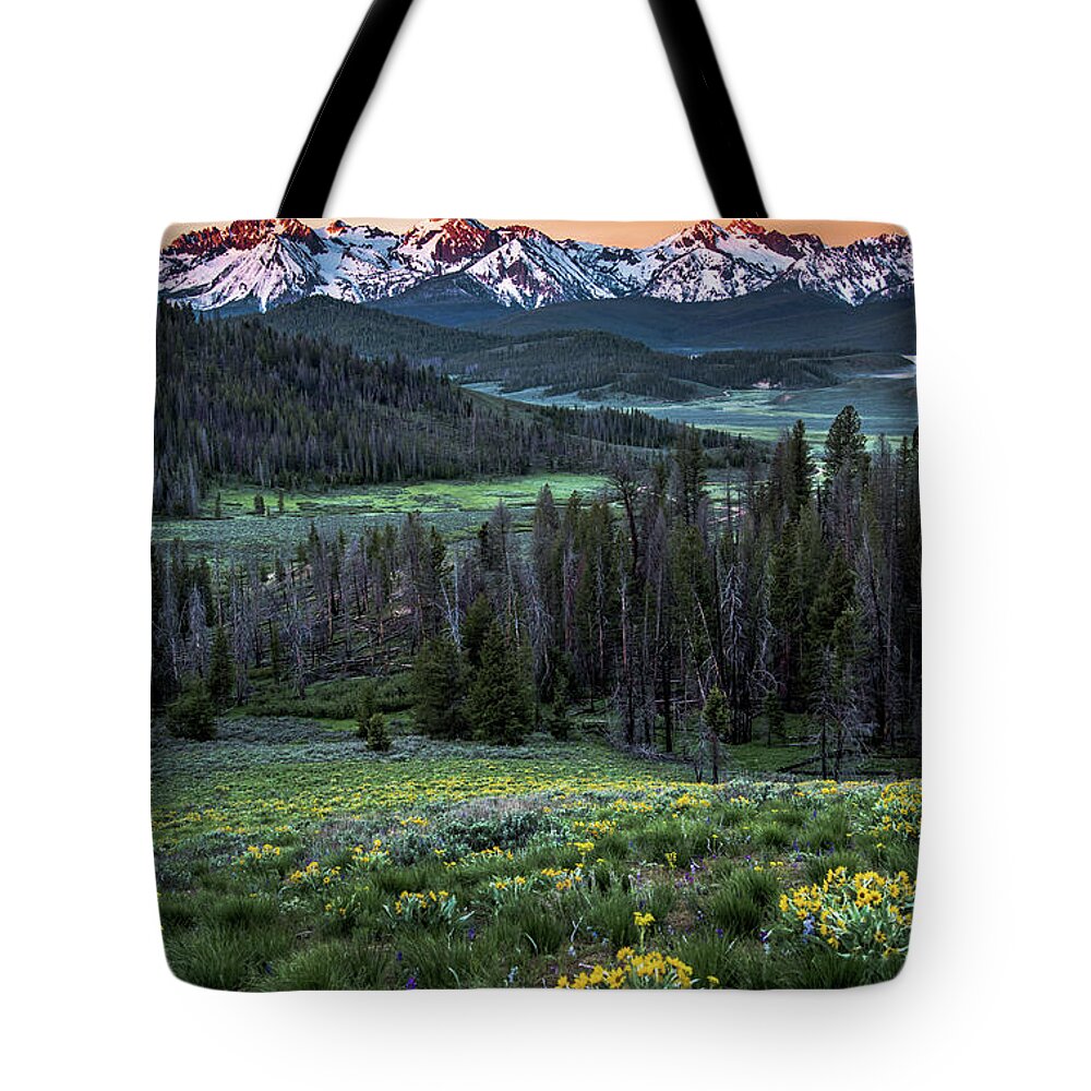 Mountains Tote Bag featuring the photograph Sawtooth Mountain first light by Link Jackson