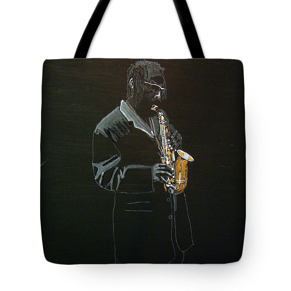 Sax Tote Bag featuring the painting Sax Player by Richard Le Page