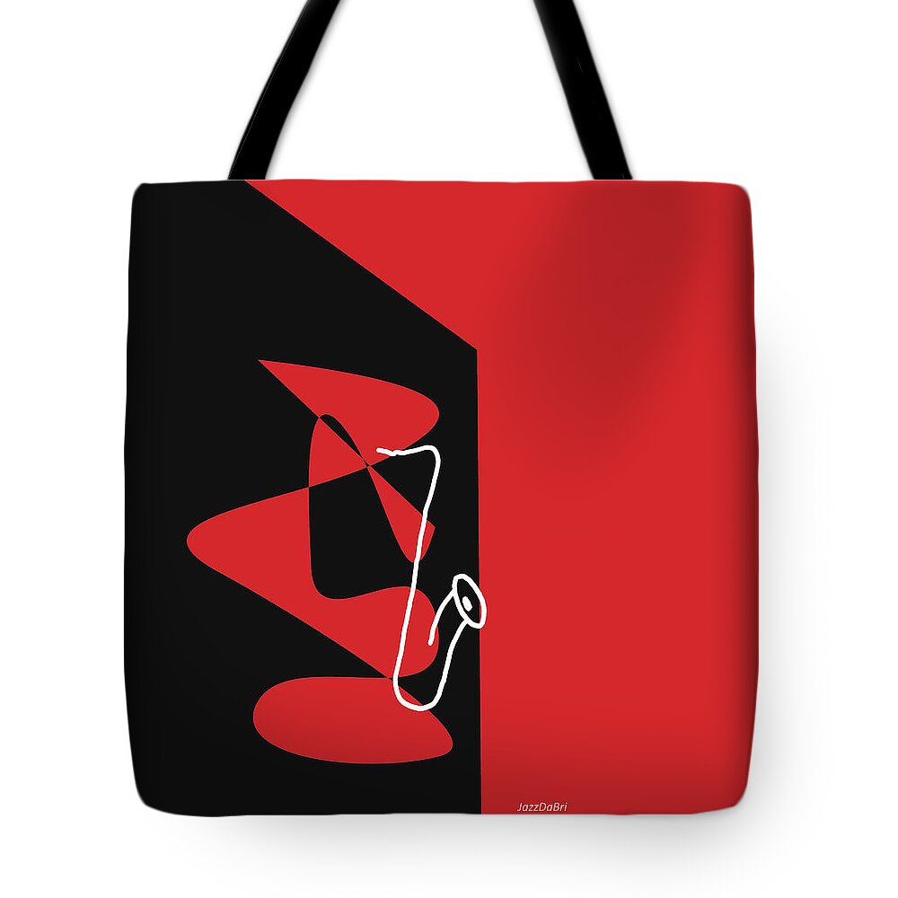 Jazzdabri Tote Bag featuring the digital art Saxophone in Red by David Bridburg