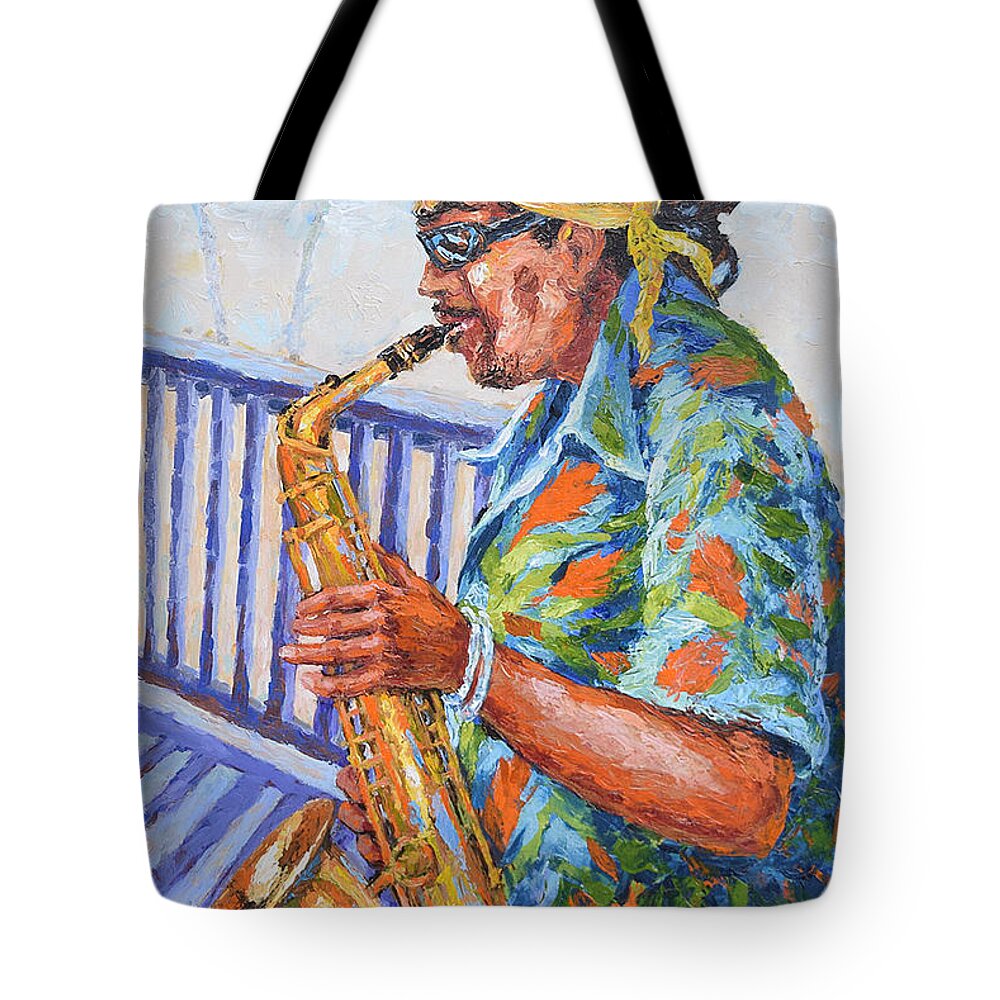 Music Tote Bag featuring the painting Saxophone Player by Jyotika Shroff