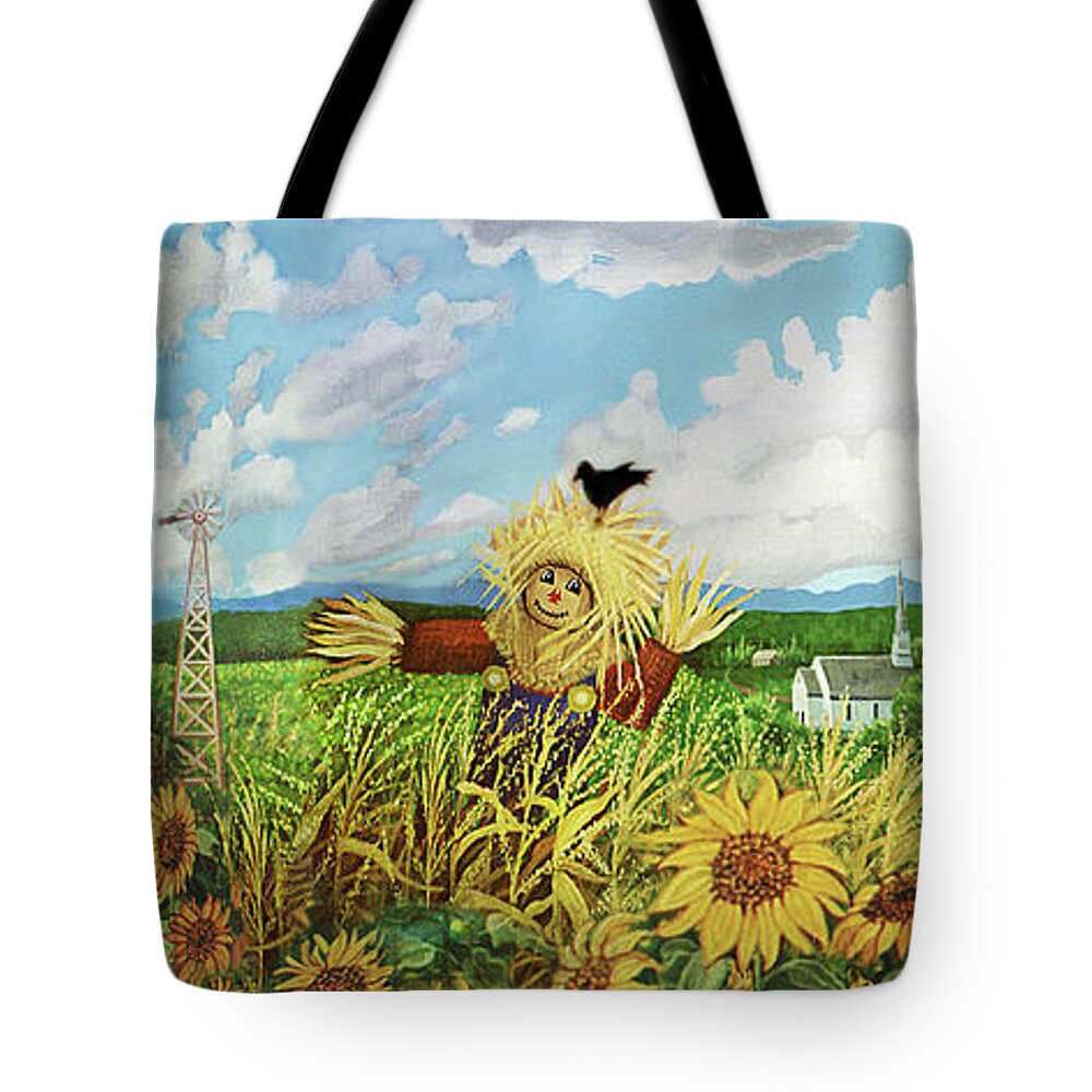 Scarecrow Tote Bag featuring the painting Scare Crow and Silo Farm by Bonnie Siracusa