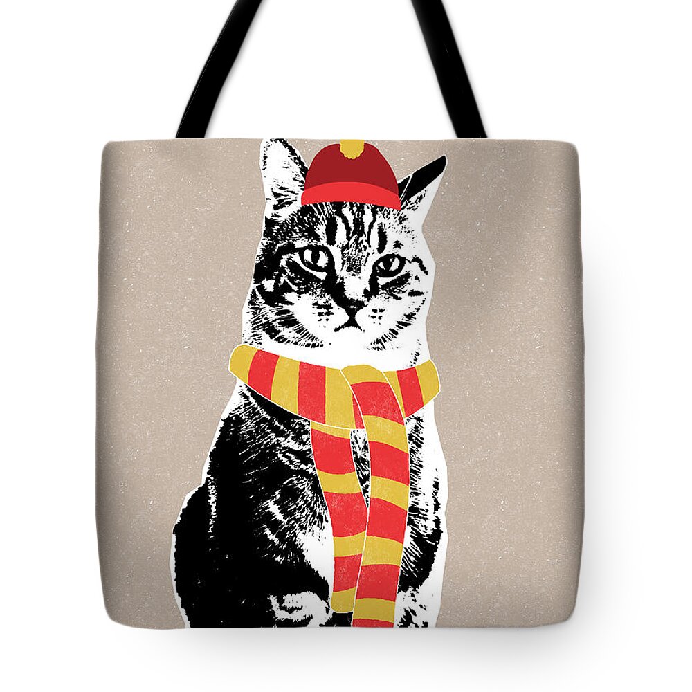 Cat Tote Bag featuring the mixed media Scarf Weather Cat- Art by Linda Woods by Linda Woods