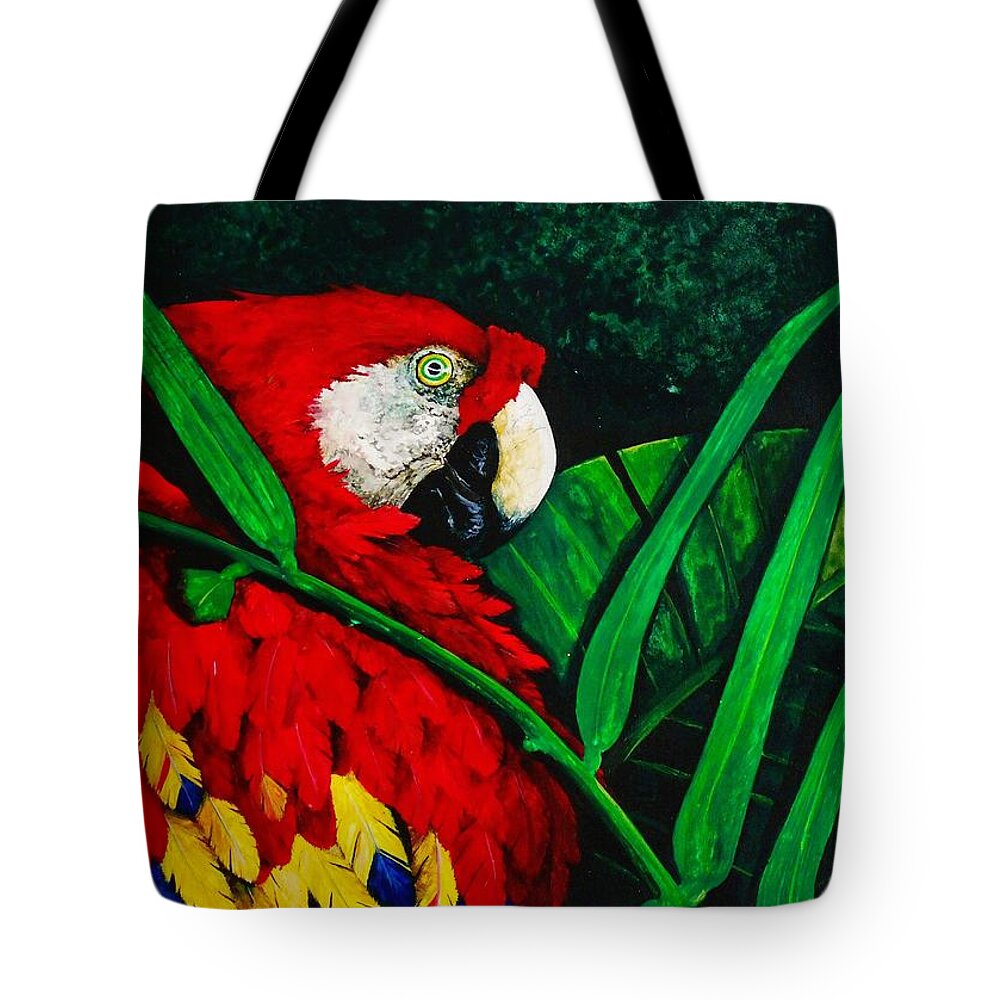 Birds Tote Bag featuring the painting Scarlet Macaw head study by Dana Newman