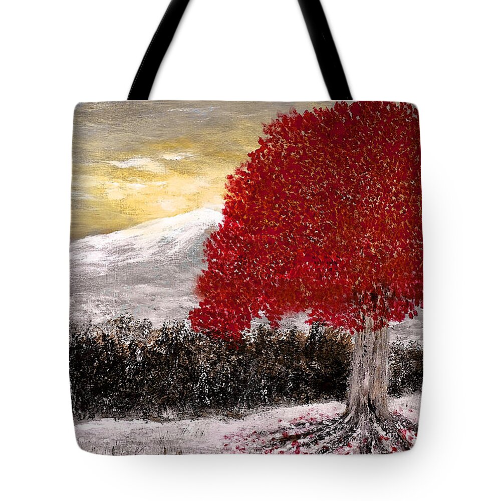 Winter Tote Bag featuring the painting Scarlet Tree by Dick Bourgault