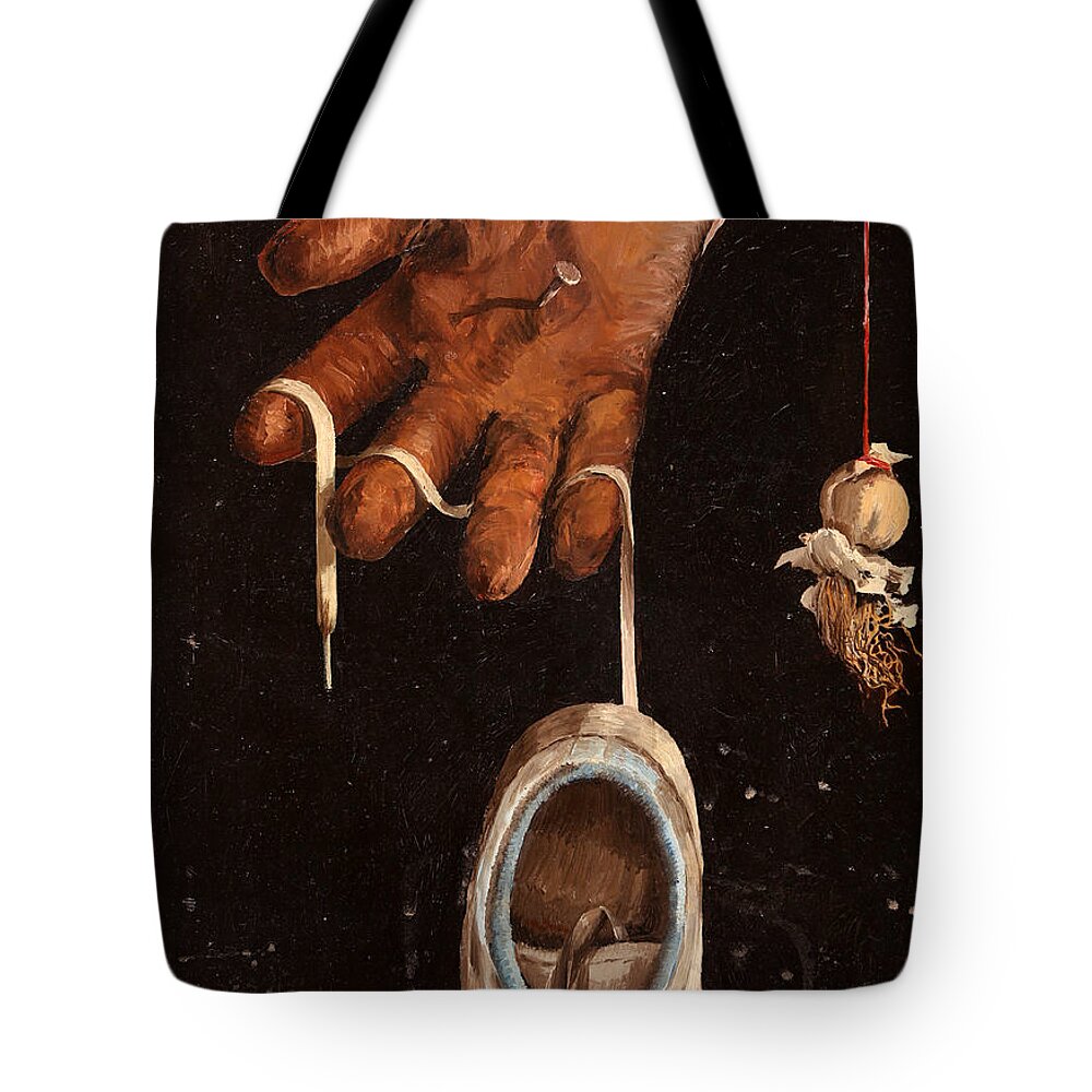 Glove Tote Bag featuring the painting Scarpa Stringa Guanto Aglio by Guido Borelli