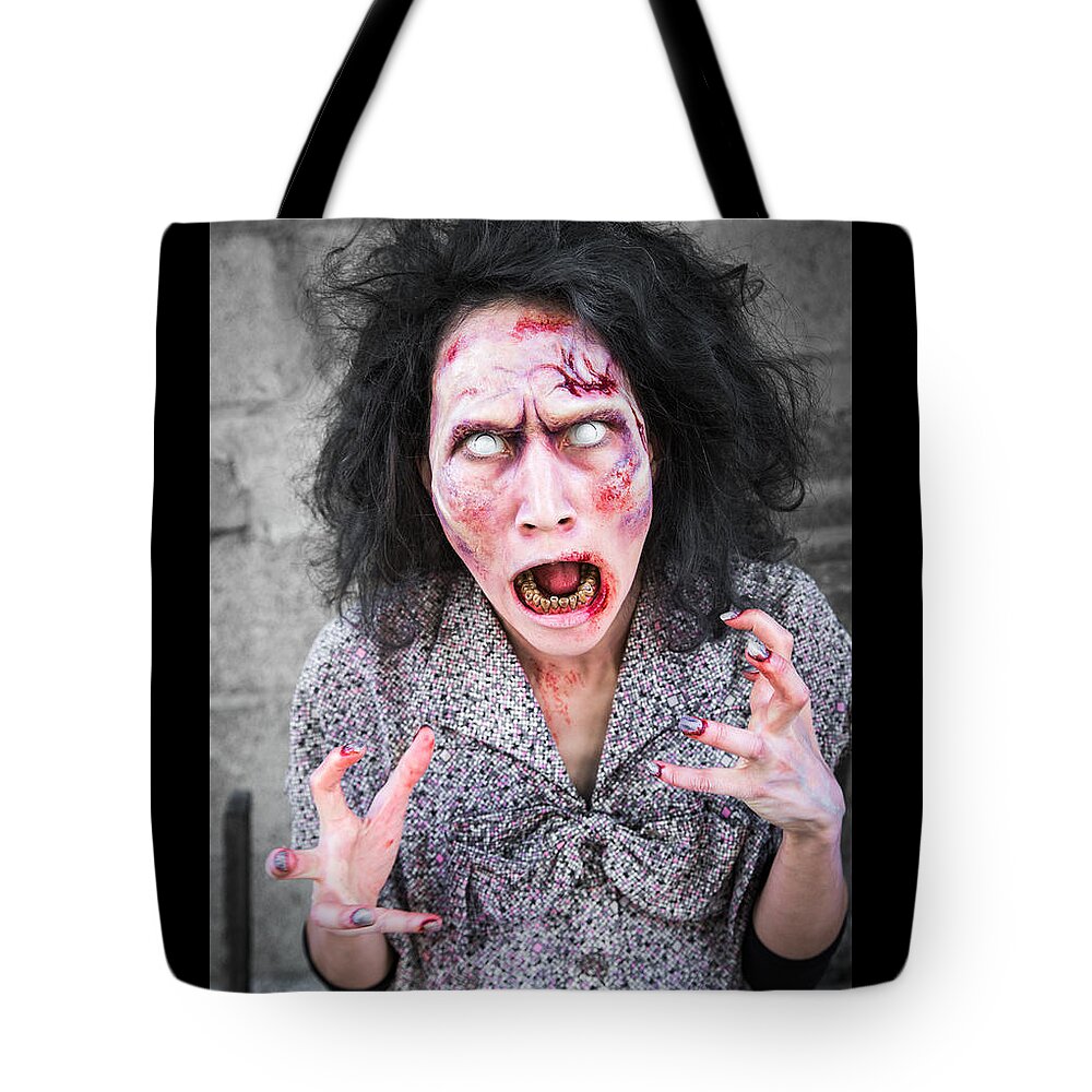 Zombie Tote Bag featuring the photograph Scary screaming zombie woman by Matthias Hauser