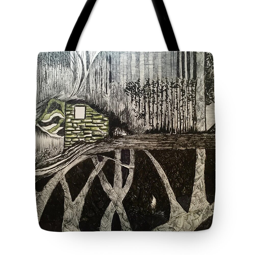 Black And Whitw Tote Bag featuring the drawing Scene elevated by trees by Dennis Ellman