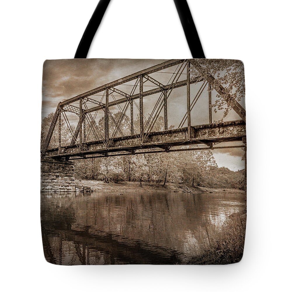 Appalachia Tote Bag featuring the photograph Scenic Trestle in the Smoky Mountains in Antique Sepia Tones by Debra and Dave Vanderlaan