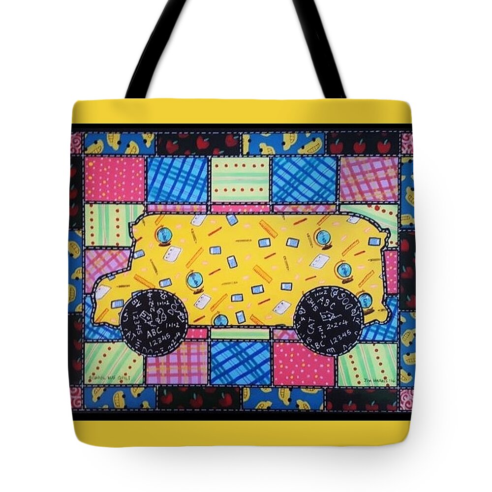 Bus Tote Bag featuring the painting School Bus Quilt by Jim Harris