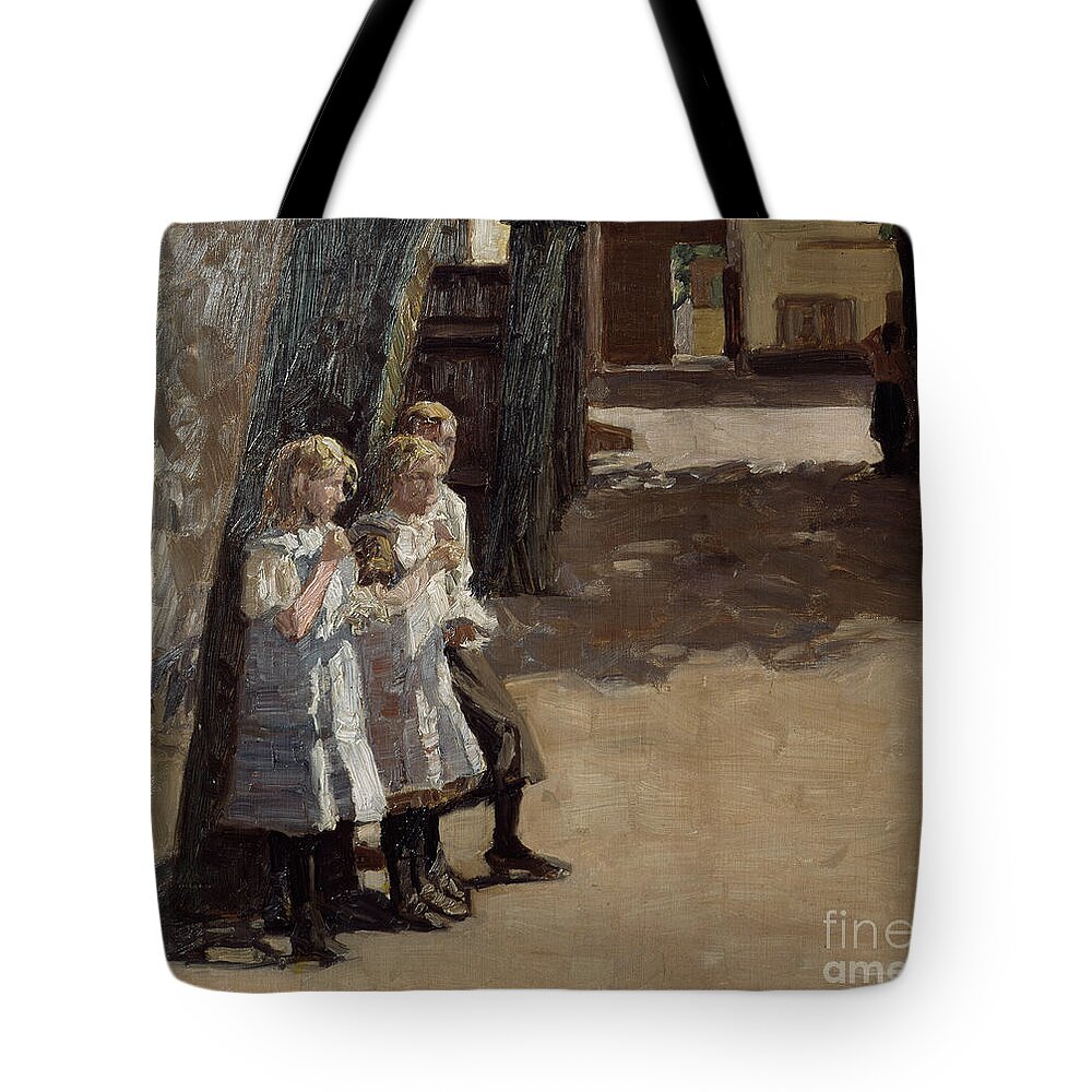 Jens Birkholm Tote Bag featuring the painting School yard by O Vaering