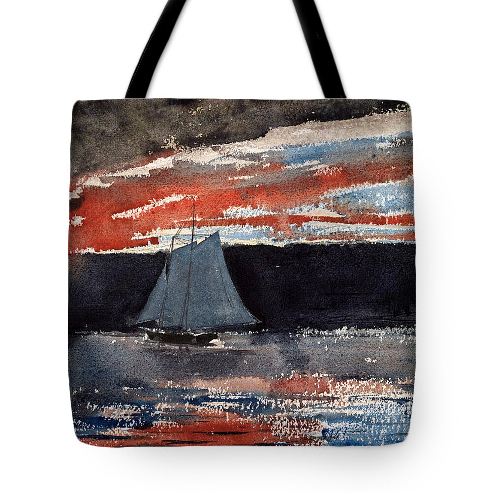 Winslow Homer Tote Bag featuring the drawing Schooner at Sunset by Winslow Homer