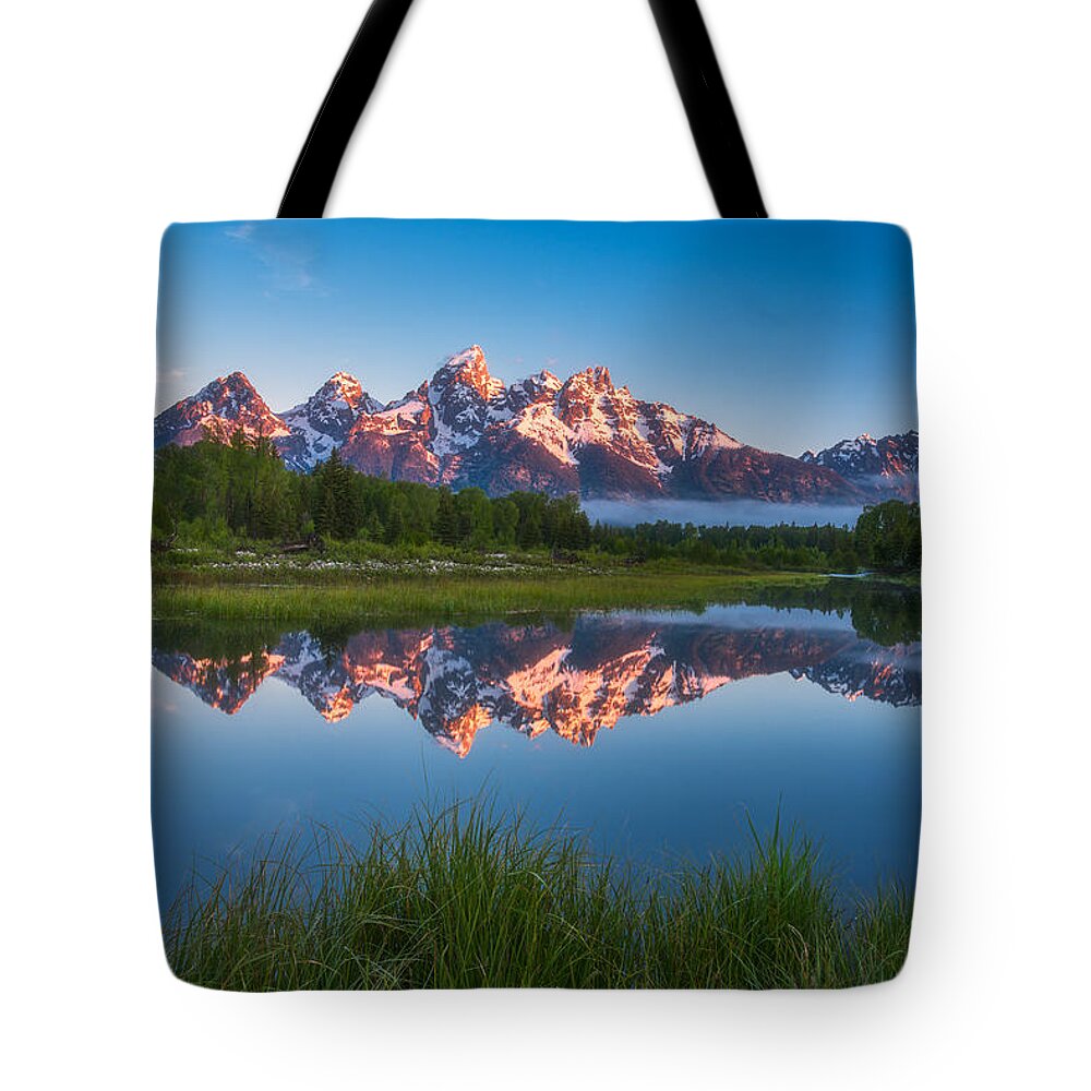 Sunrise Tote Bag featuring the photograph Schwabacher Alpenglow by Darren White