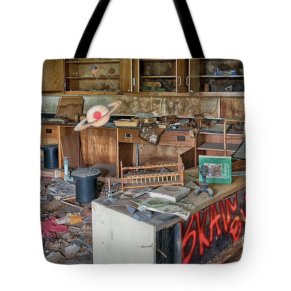 Gary Tote Bag featuring the photograph Science room in abandoned school by Izet Kapetanovic