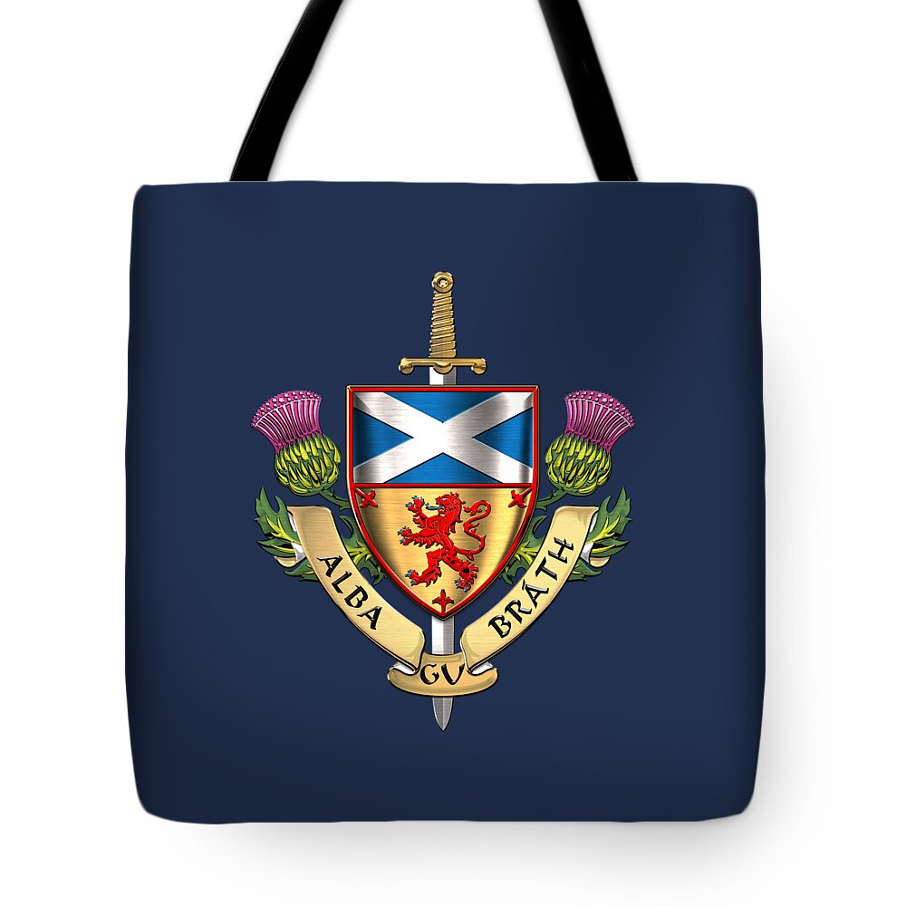 “world Heraldry” Collection Serge Averbukh Tote Bag featuring the digital art Scotland Forever - Alba Gu Brath - Symbols of Scotland over Blue Velvet by Serge Averbukh