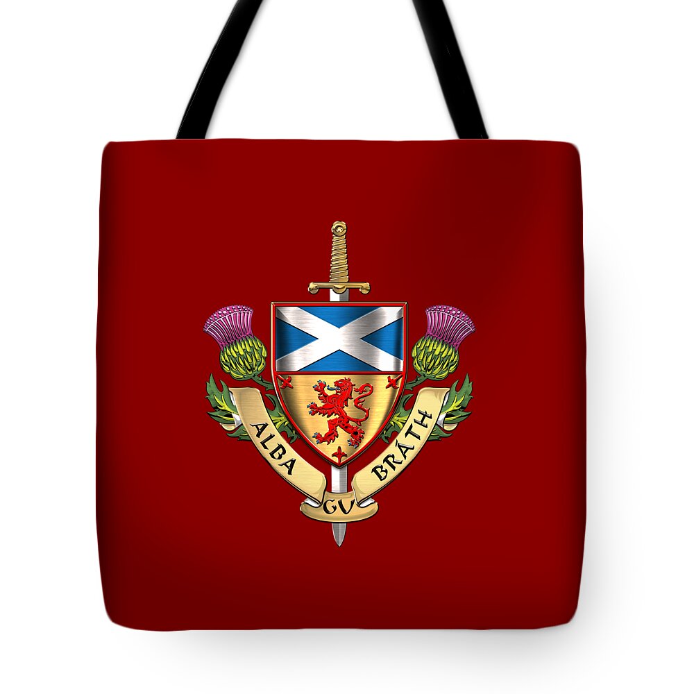 “world Heraldry” Collection Serge Averbukh Tote Bag featuring the digital art Scotland Forever - Alba Gu Brath - Symbols of Scotland over Red Velvet by Serge Averbukh