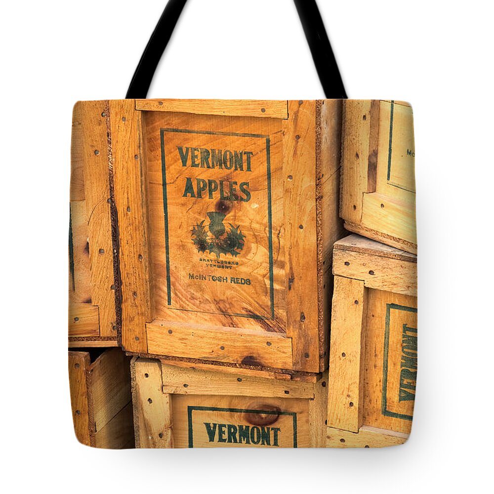 Scott Farm Vermont Tote Bag featuring the photograph Scott Farm Apple Boxes by Tom Singleton