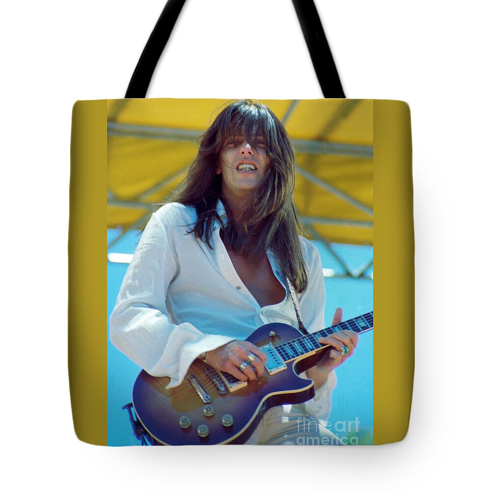 Scott Gorham Tote Bag featuring the photograph Scott Gorham of Thin Lizzy Black Rose tour at Day on the Green 4th of July 1979 - 1st Color Release by Daniel Larsen