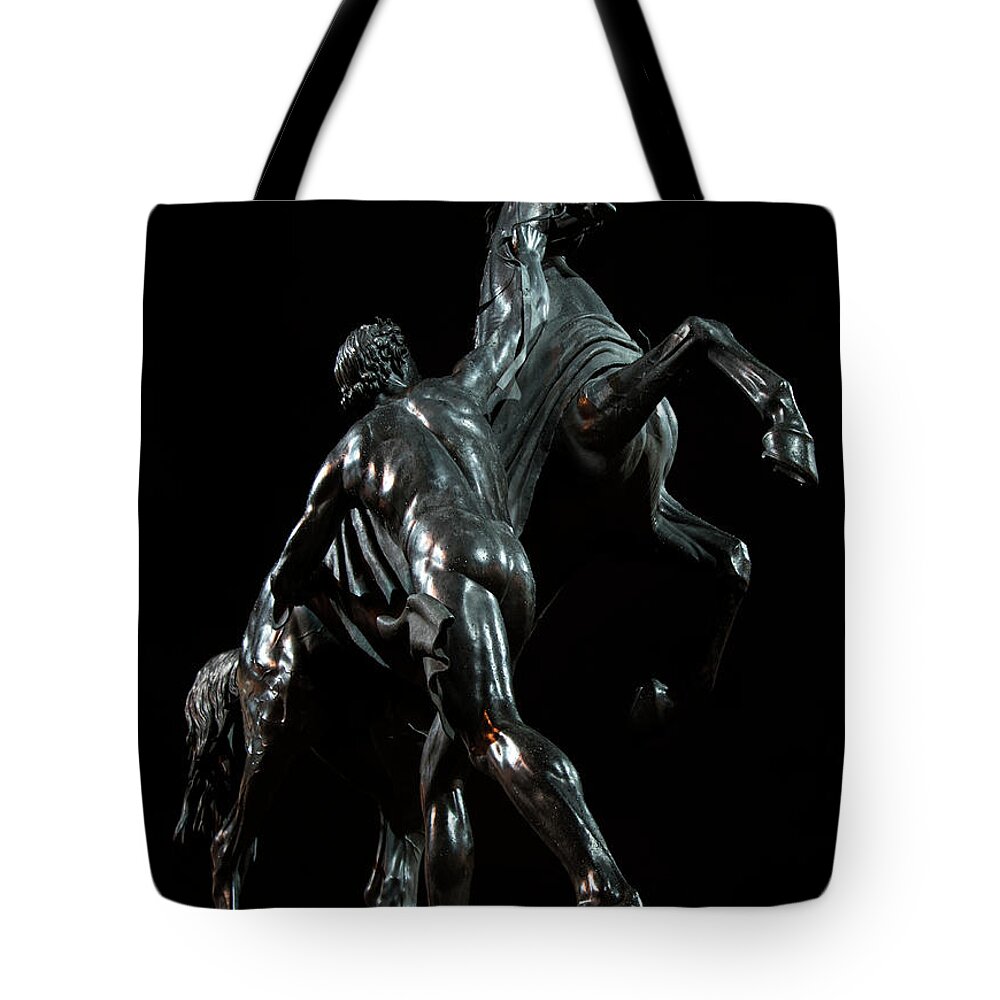 Monument Tote Bag featuring the photograph Sculptures of Sankt Petersburg - Man stopping a horse by Jaroslaw Blaminsky