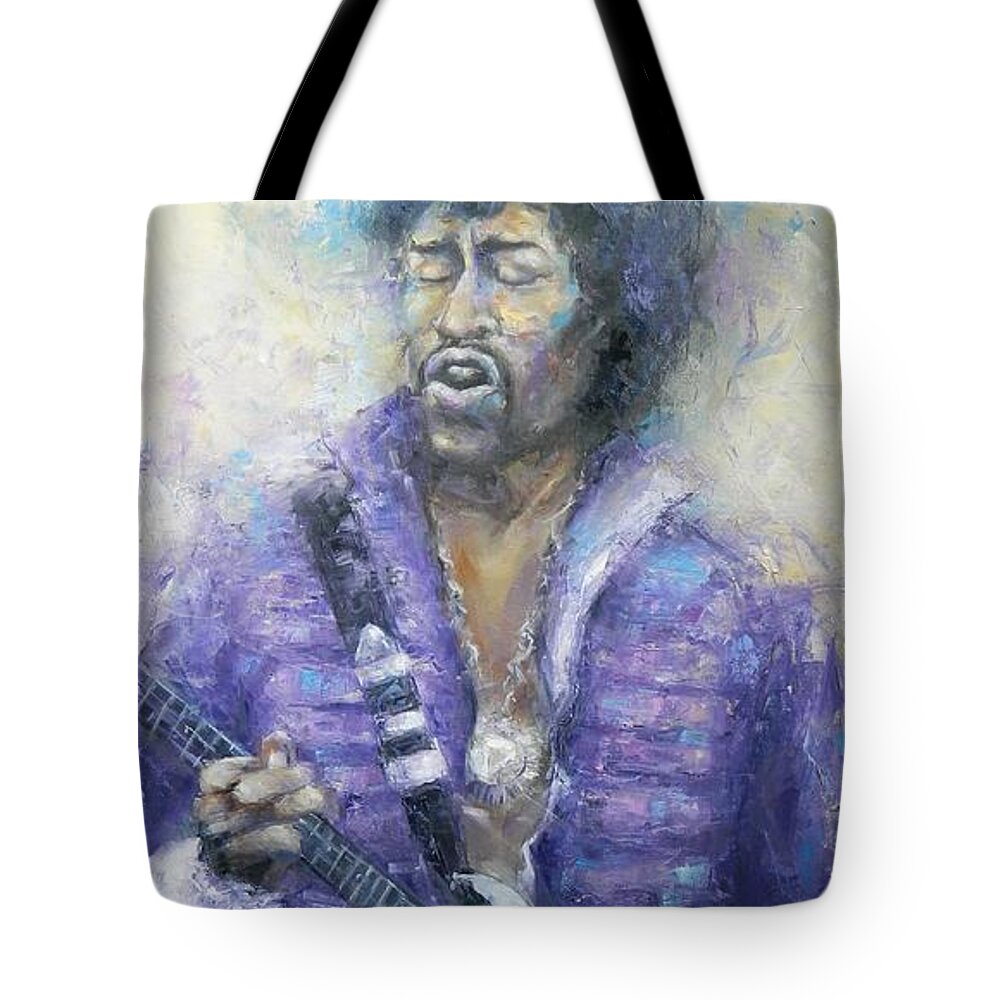 Jimi Tote Bag featuring the painting Scuze Me While I Kiss The Sky by Dan Campbell