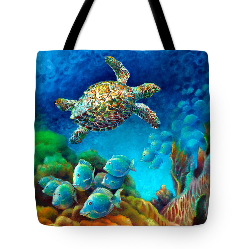 Canvas Prints Tote Bag featuring the painting Sea Escape III - Gemstone Hawksbill Turtle by Nancy Tilles