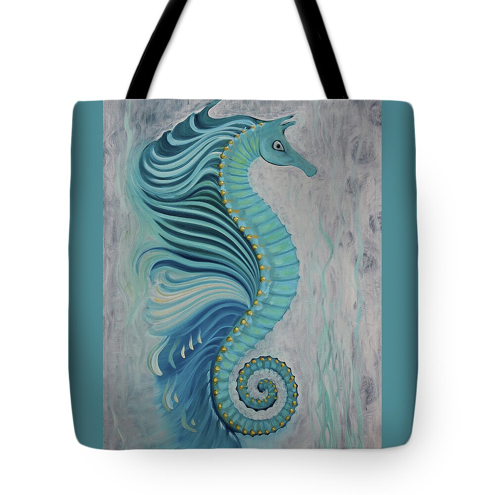 Sea Tote Bag featuring the painting Sea Horse Visit by Tone Aanderaa