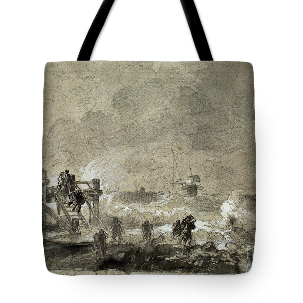 Andreas Achenbach Tote Bag featuring the painting Sea Landscape With Footbridge by MotionAge Designs