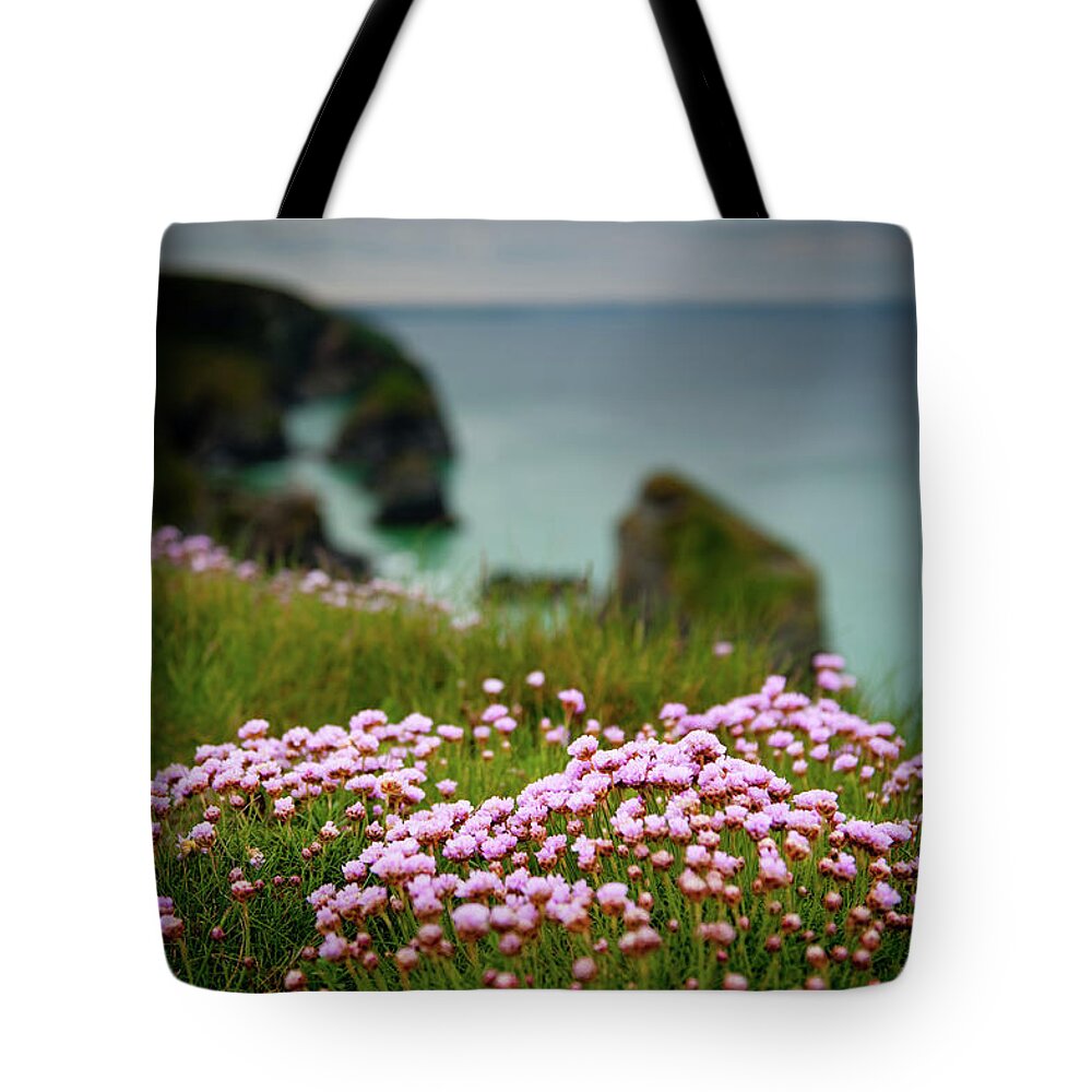 Cornwall Tote Bag featuring the photograph Sea Pinks on a Cornish Cliff iii by Helen Jackson