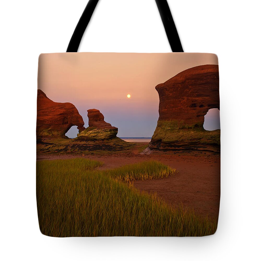 Coastal Tote Bag featuring the photograph Sea Stacks And Moon At Twilight by Irwin Barrett