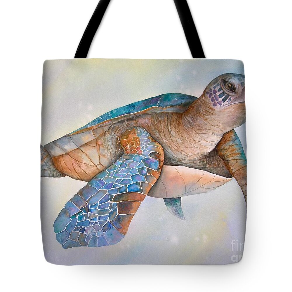 Sea Turtle Tote Bag featuring the painting Sea Turtle- Twilight Swim by Midge Pippel
