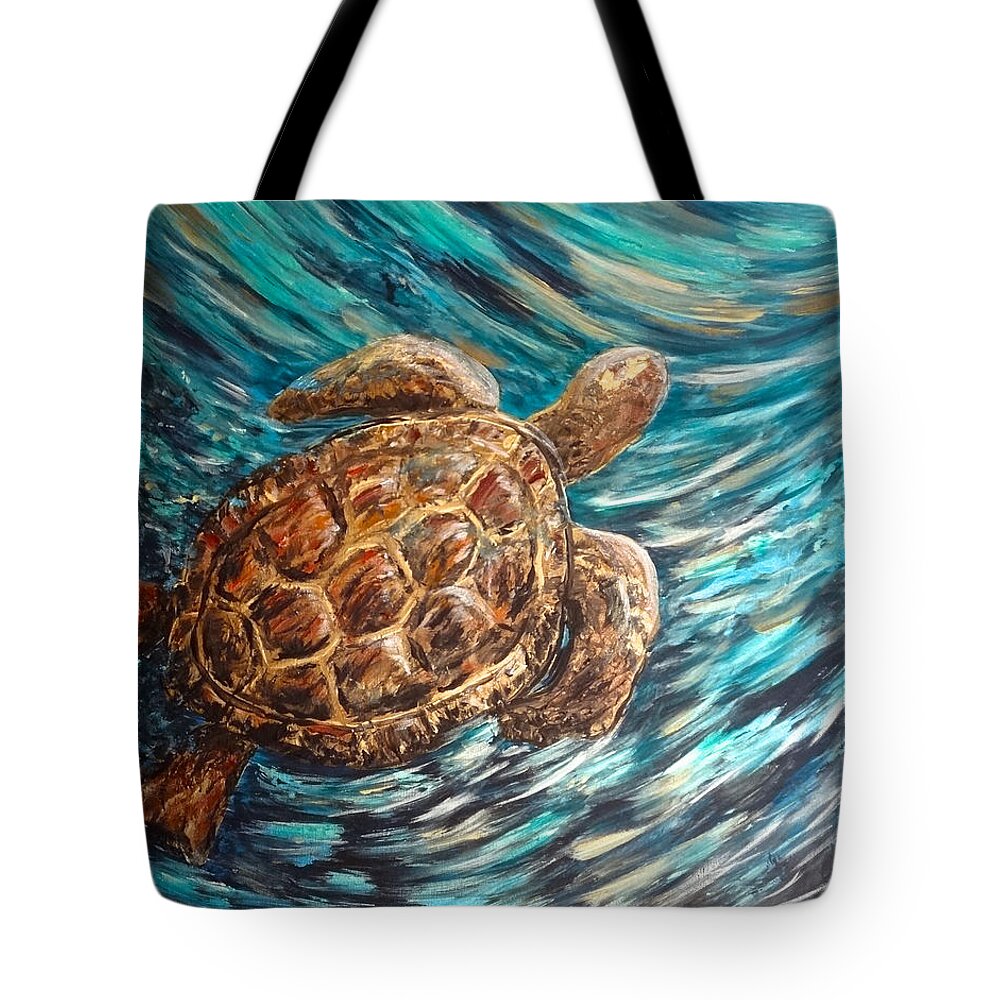 Sea Tote Bag featuring the painting Sea Turtle Wave Guam by Michelle Pier