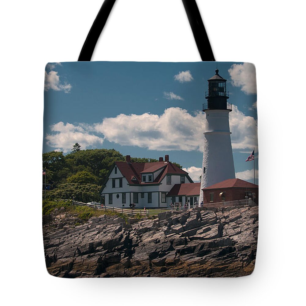 Maine Lighthouses Tote Bag featuring the photograph Sea View of Portland Head Light by Paul Mangold