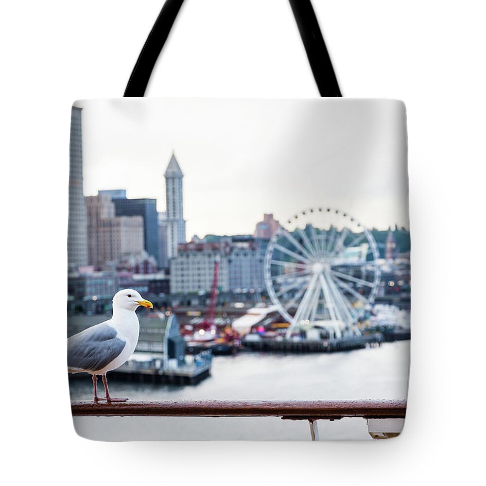 Front Tote Bag featuring the photograph Seagull and Seattle Ferris Wheel by Darryl Brooks