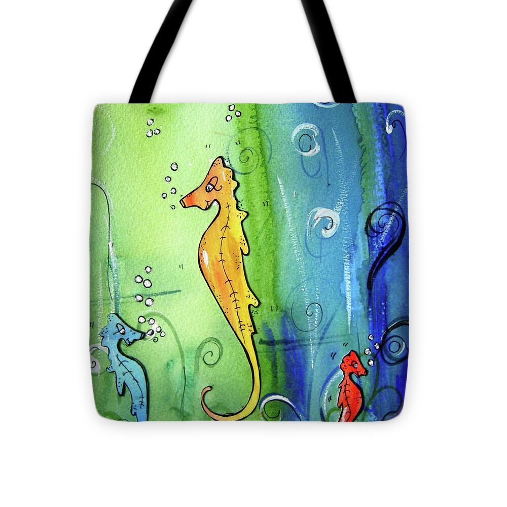 Seahorse Tote Bag featuring the painting Seahorse family by Mary Cahalan Lee - aka PIXI