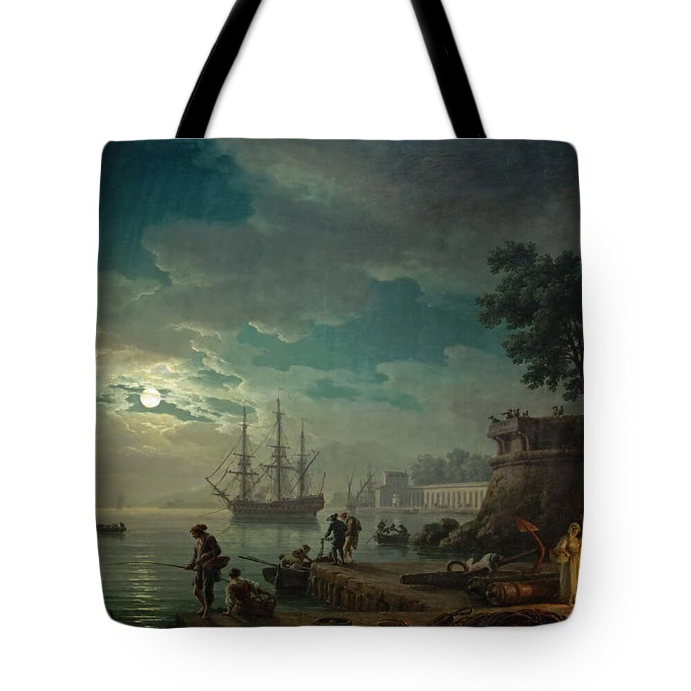 Art Tote Bag featuring the painting Seaport By Moonlight by Claude-Joseph Vernet