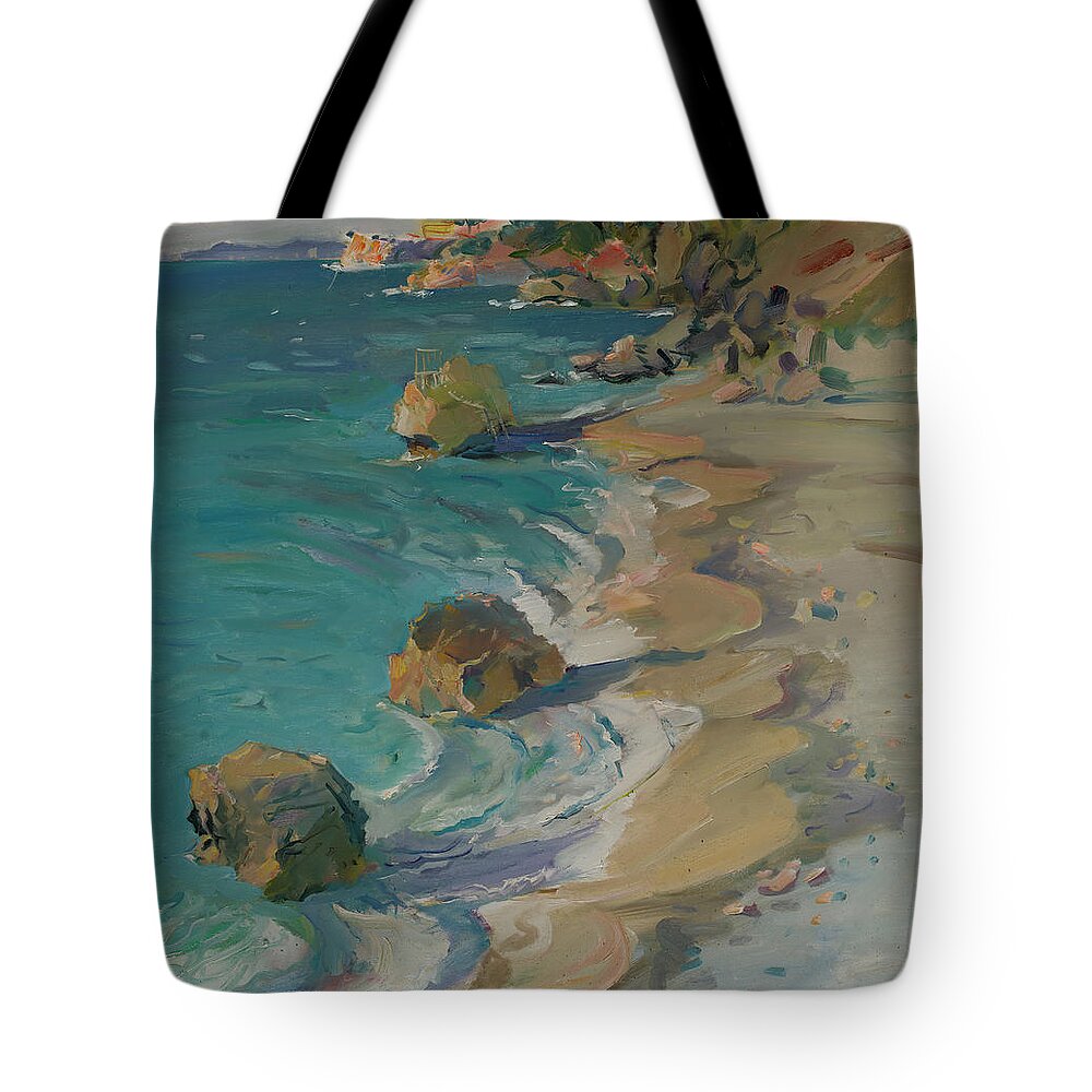 Seascape Of Nimfa Beach Tote Bag featuring the painting Seascape of Nimfa Beach, Vlora, Albania by Buron Kaceli