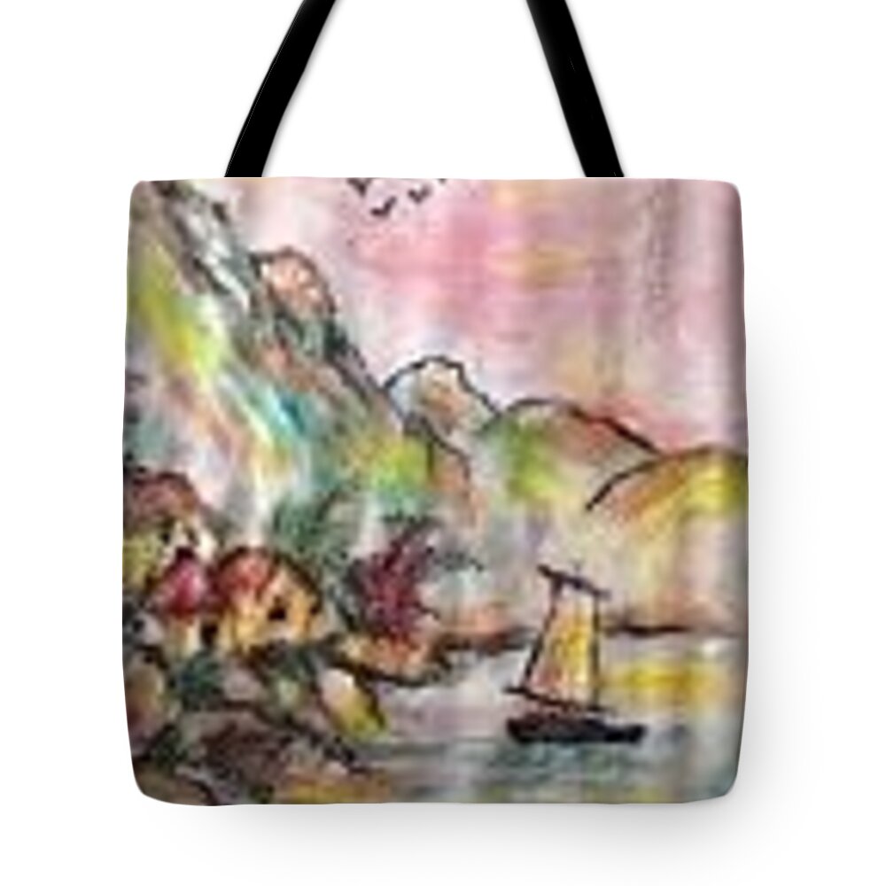 Seascape Tote Bag featuring the painting Seascape with boat by Sam Shaker