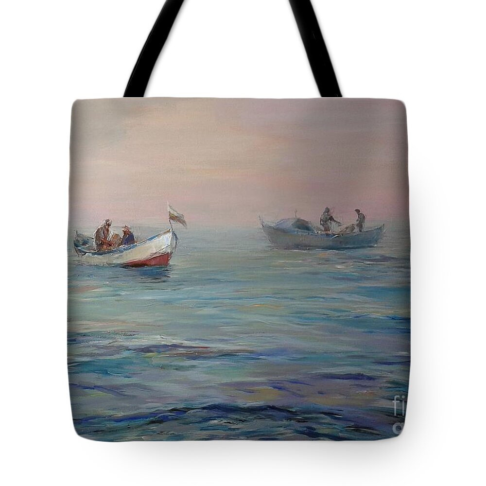 Sea Tote Bag featuring the painting Seascape with Fishermen by Angelina Nedin