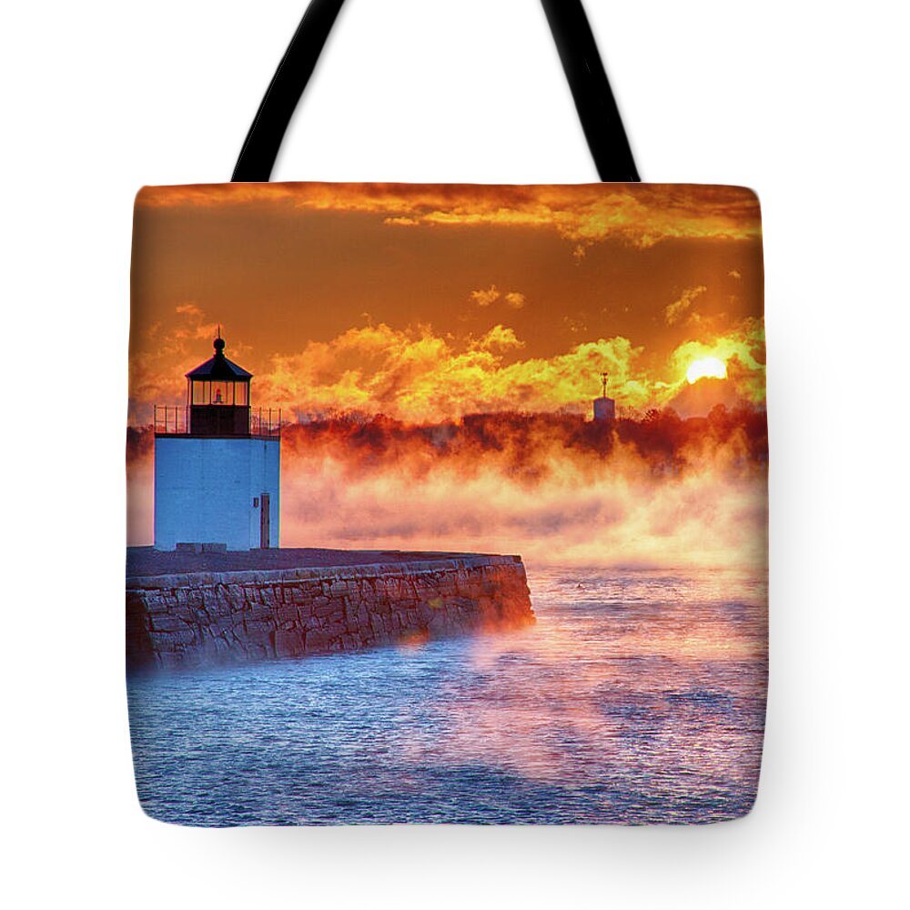 Derby Wharf Salem Tote Bag featuring the photograph Seasmoke at Salem Lighthouse by Jeff Folger