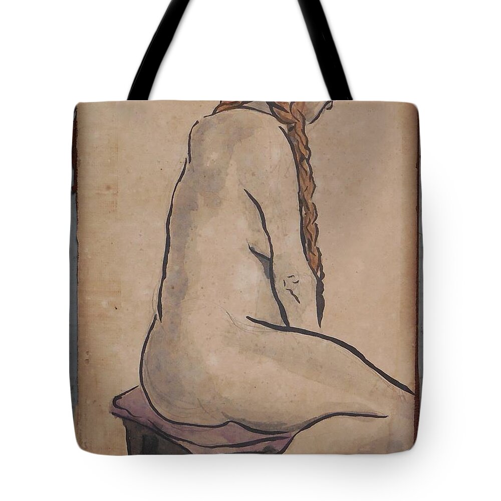 Sumi Ink Tote Bag featuring the drawing Seated with braids. by M Bellavia