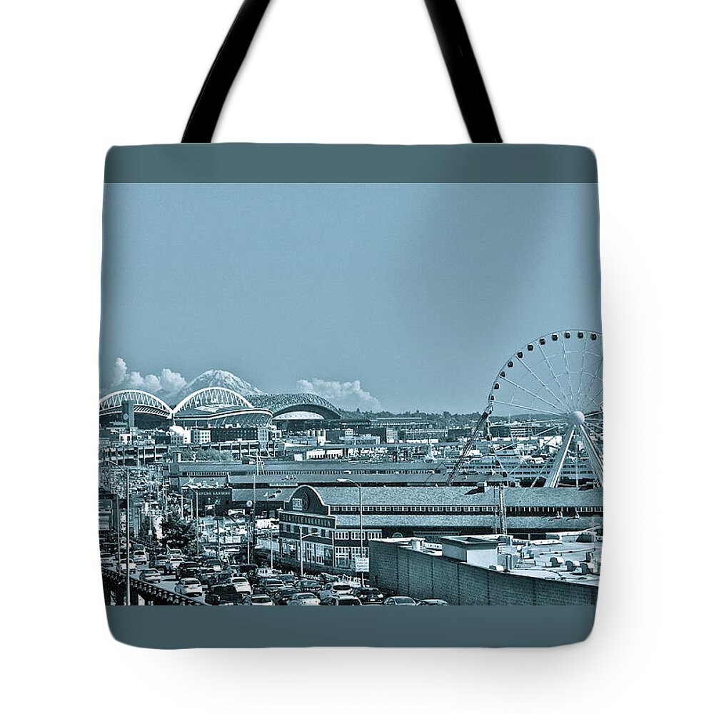 Seattle Tote Bag featuring the photograph Seattle Cyan by Linda Bianic