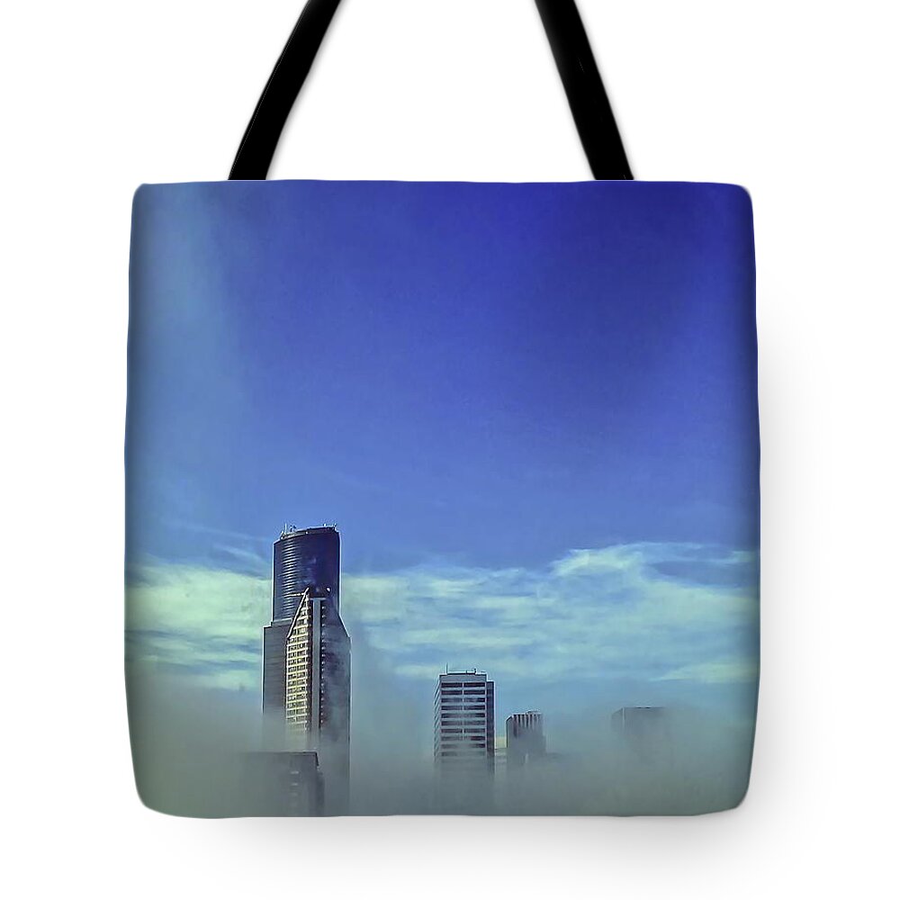 Blue Tote Bag featuring the photograph Seattle Fog Scape by Kathryn Alexander MA
